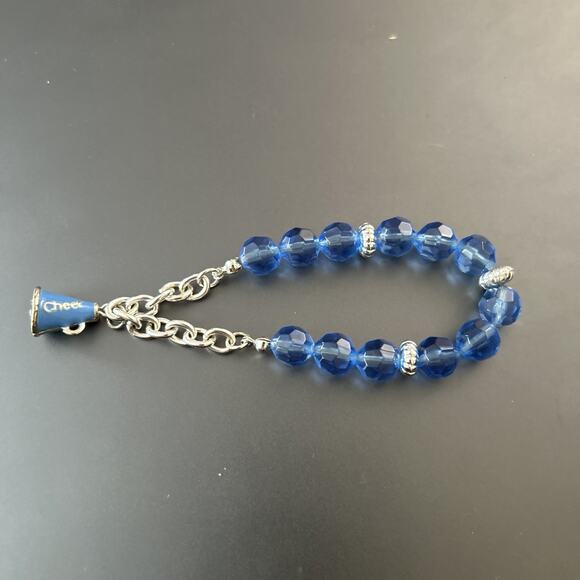 GO TEAM CHARM BRACELET "CHEERLEADER" Megaphone Cheer Blue Beads Silver Stretch - Picture 1 of 3